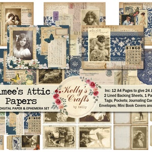 Kit de diario imprimible vintage, papeles del ático de Aimee, papeles de diario basura, diario basura vintage, collage, papel tapiz vintage, papeles antiguos