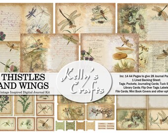 Dragonfly Printable Journal Kit, Thistles and Wings, Fairy Junk Journal, Dragonfly Junk Journal Pages, Collage, Junk Journal Kit