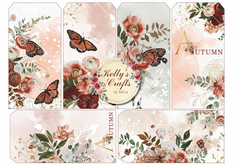 Puede incluir: Conjunto de etiquetas decorativas con tem&aacute;tica oto&ntilde;al. Las etiquetas presentan fondos de acuarela en melocot&oacute;n y blanco, adornados con mariposas, flores y follaje. Algunas etiquetas incluyen la palabra "AUTUMN" y el texto "Kelly's Crafts by Kelly".