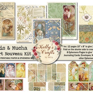 Printable Tall &#39;Morris and Mucha&#39; Journal Kit, Art Nouveau Printables, William Morris Journal Papers, Alphonse Mucha Printable Digital Kit