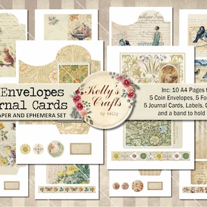 Coin Envelopes with Folded Cards, Journal Cards, Labels, Bands and Disc Closures, Digital Download, Printable Journal Ephemera, PDF, Vintage