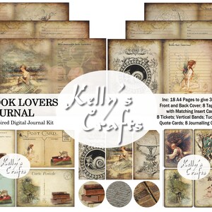 May include: A digital journal kit with a vintage book lover theme. The kit includes 18 A4 pages, front and back covers, tags, coin pockets, insert cards, pockets, tickets, vertical bands, tuck spots, postcards, quote cards, journaling cards, and file cards. The kit is designed by Kelly's Crafts.