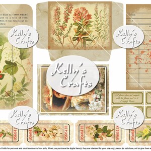May include: A digital collage sheet featuring vintage illustrations of flowers and plants. The sheet includes a library card, a book pocket, and several tickets with the text "Kelly's Crafts" repeated throughout. The sheet is designed for crafting and scrapbooking.