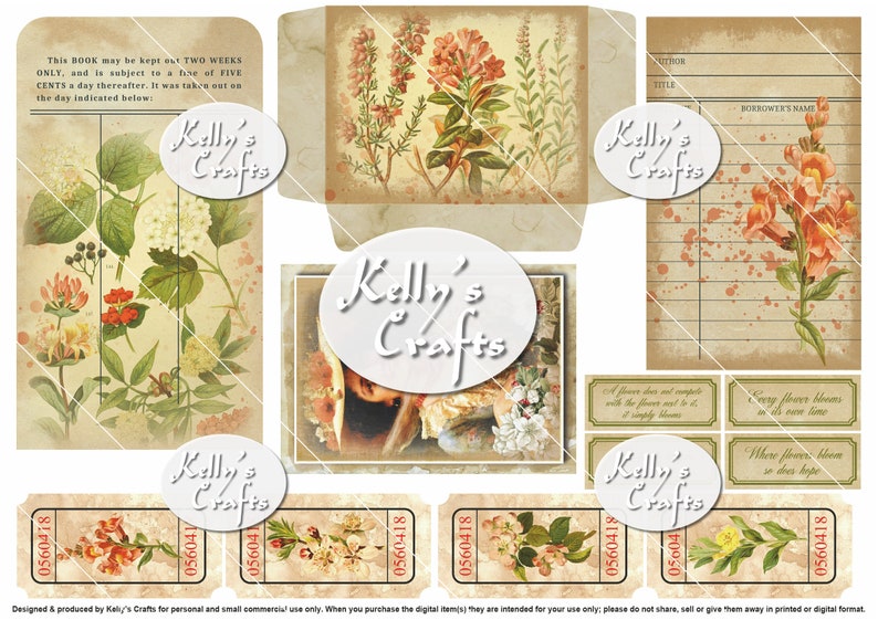 May include: A digital collage sheet featuring vintage illustrations of flowers and plants. The sheet includes a library card, a book pocket, and several tickets with the text "Kelly's Crafts" repeated throughout. The sheet is designed for crafting and scrapbooking.