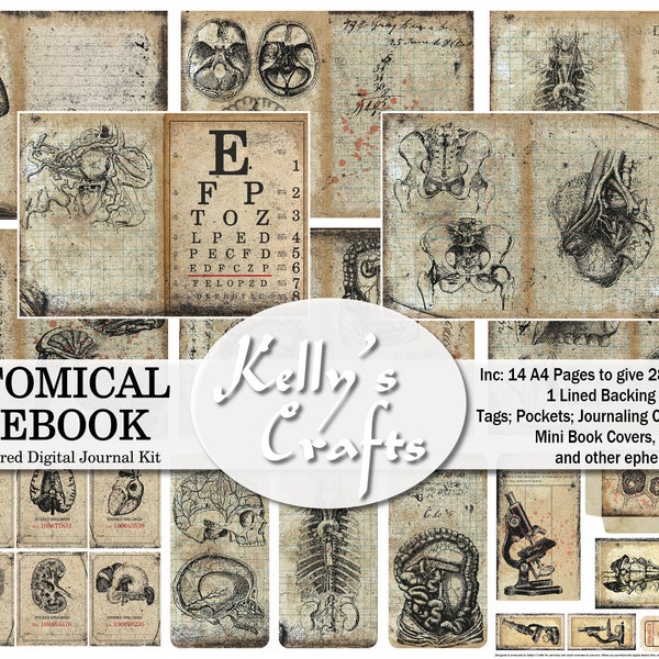 Gothic Journal Kit, Anatomisches Notizbuch, Anatomie Junk Journal Kit, Journal Ausdrucke, Journal Papiere, Grungy Junk Journal Papiere, Collage