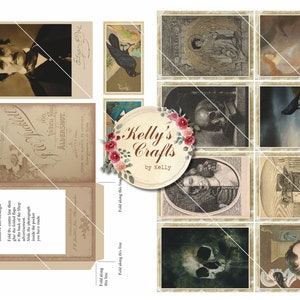 May include: A digital collage sheet with vintage images of Edgar Allan Poe, a raven, a skull, and a tombstone. The sheet is designed to be cut out and used for crafting projects. The text "Kelly's Crafts by Kelly" is included in the image.