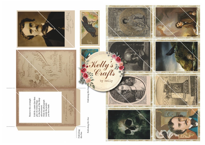 May include: A digital collage sheet with vintage images of Edgar Allan Poe, a raven, a skull, and a tombstone. The sheet is designed to be cut out and used for crafting projects. The text "Kelly's Crafts by Kelly" is included in the image.