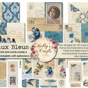 Afdrukbare hoge 'Oiseaux Bleus' Journal Kit, vintage vogel- en bloemenprintables, vintage Franse ephemera, blauwe vogels, blauwe digitale papieren,