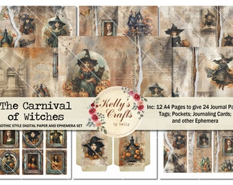 May include: A digital paper and ephemera set with a gothic theme. The set includes 12 A4 pages, tags, pockets, journaling cards, and other ephemera. The images feature witches, pumpkins, and a spooky house.