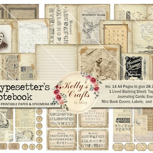 Puede incluir: Un conjunto digital de papel y efímeras imprimibles para scrapbooking y diario. El conjunto incluye 14 páginas A4, una hoja de respaldo forrada, etiquetas, bolsillos, tarjetas de diario, sobres, cubiertas de mini libros, etiquetas y otras efímeras. El conjunto presenta un estilo vintage con un esquema de color marrón y crema. El texto "The Typesetter's Notebook" aparece en el centro de la imagen.