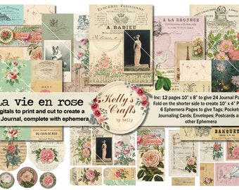 Shabby French Journal Kit 'La vie en rose', Vintage French Collages, Collaged Document and Wallpaper Digitals, Tall and skinny Junk Journal