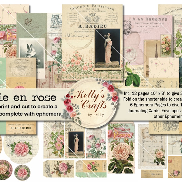 Shabby French Journal Kit 'La vie en rose', Vintage French Collages, Collaged Document and Wallpaper Digitals, Tall and skinny Junk Journal