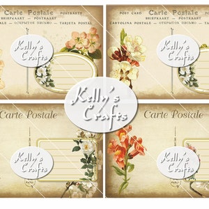 May include: Four vintage postcard templates featuring floral illustrations and the text "Carte Postale" with a blank space for writing. The text "Kelly's Crafts" is also included on each template.