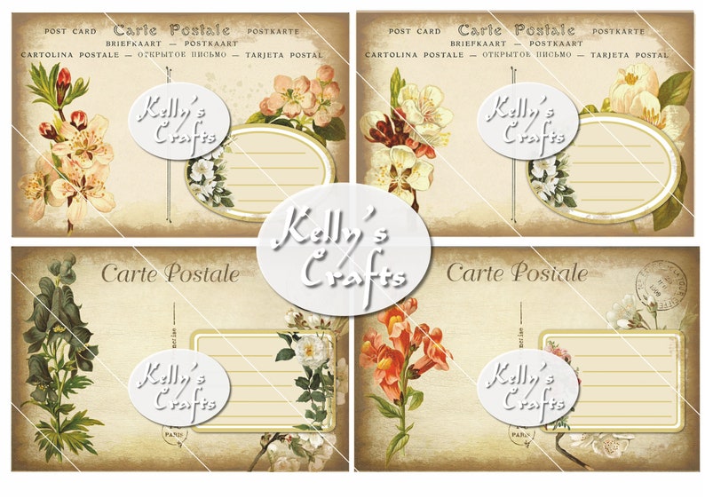 May include: Four vintage postcard templates featuring floral illustrations and the text "Carte Postale" with a blank space for writing. The text "Kelly's Crafts" is also included on each template.