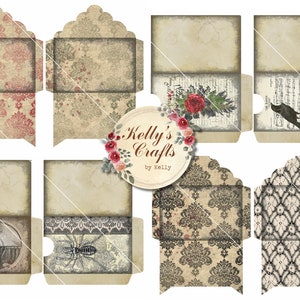 May include: Six printable vintage-style envelopes with different patterns and designs. The envelopes feature a floral pattern, a lace pattern, a musical note pattern, a crow and cat pattern, a portrait pattern, and a spider pattern. The envelopes are perfect for adding a touch of vintage charm to your crafting projects.