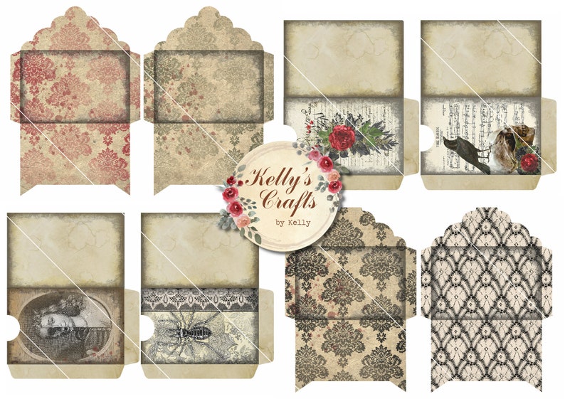 May include: Six printable vintage-style envelopes with different patterns and designs. The envelopes feature a floral pattern, a lace pattern, a musical note pattern, a crow and cat pattern, a portrait pattern, and a spider pattern. The envelopes are perfect for adding a touch of vintage charm to your crafting projects.