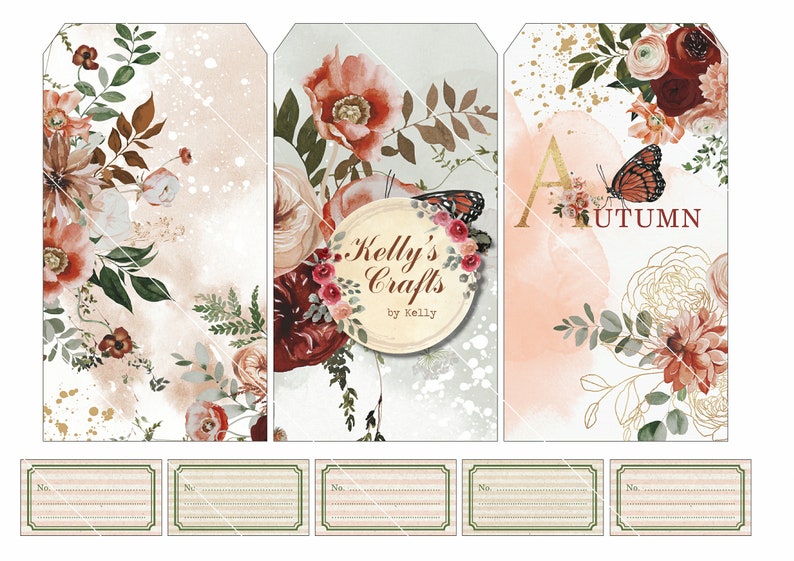 Puede incluir: Conjunto de etiquetas decorativas con dise&ntilde;os florales y de mariposas. Las etiquetas presentan fondos de acuarela en tonos melocot&oacute;n y crema, con detalles dorados y rojo oscuro. El texto "Kelly's Crafts" y "AUTUMN" son visibles.