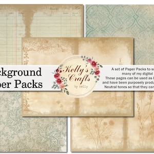 May include: A set of digital paper packs for scrapbooking and crafting. The papers feature a variety of vintage-inspired designs, including ledger paper, floral patterns, and a damask design. The text "Background Paper Packs" and "Kelly's Crafts by Kelly" is visible on the image.