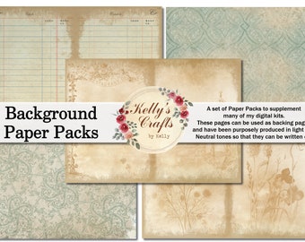 Puede incluir: Un conjunto de paquetes de papel digital para scrapbooking y manualidades. Los papeles presentan una variedad de diseños de inspiración vintage, incluyendo papel de contabilidad, patrones florales y un diseño de damasco. El texto "Background Paper Packs" y "Kelly's Crafts by Kelly" es visible en la imagen.