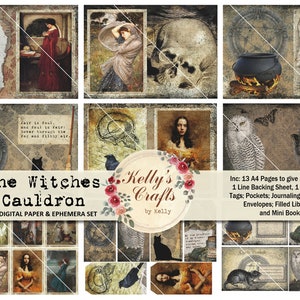 May include: A digital paper and ephemera set with a grunge aesthetic. The set includes 13 A4 pages, a line backing sheet, a patterned sheet, tags, pockets, journaling cards, postcards, envelopes, filled library pockets, and mini book covers. The set features a black cauldron, a white owl, a wolf, a raven, and a skull.