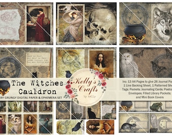 Può includere: Un set di carta digitale ed ephemera con un'estetica grunge. Il set include 13 pagine A4, un foglio di supporto per linee, un foglio con motivi, etichette, tasche, carte per la scrittura di diari, cartoline, buste, tasche per la biblioteca riempite e copertine per mini libri. Il set presenta un calderone nero, un gufo bianco, un lupo, un corvo e un teschio.