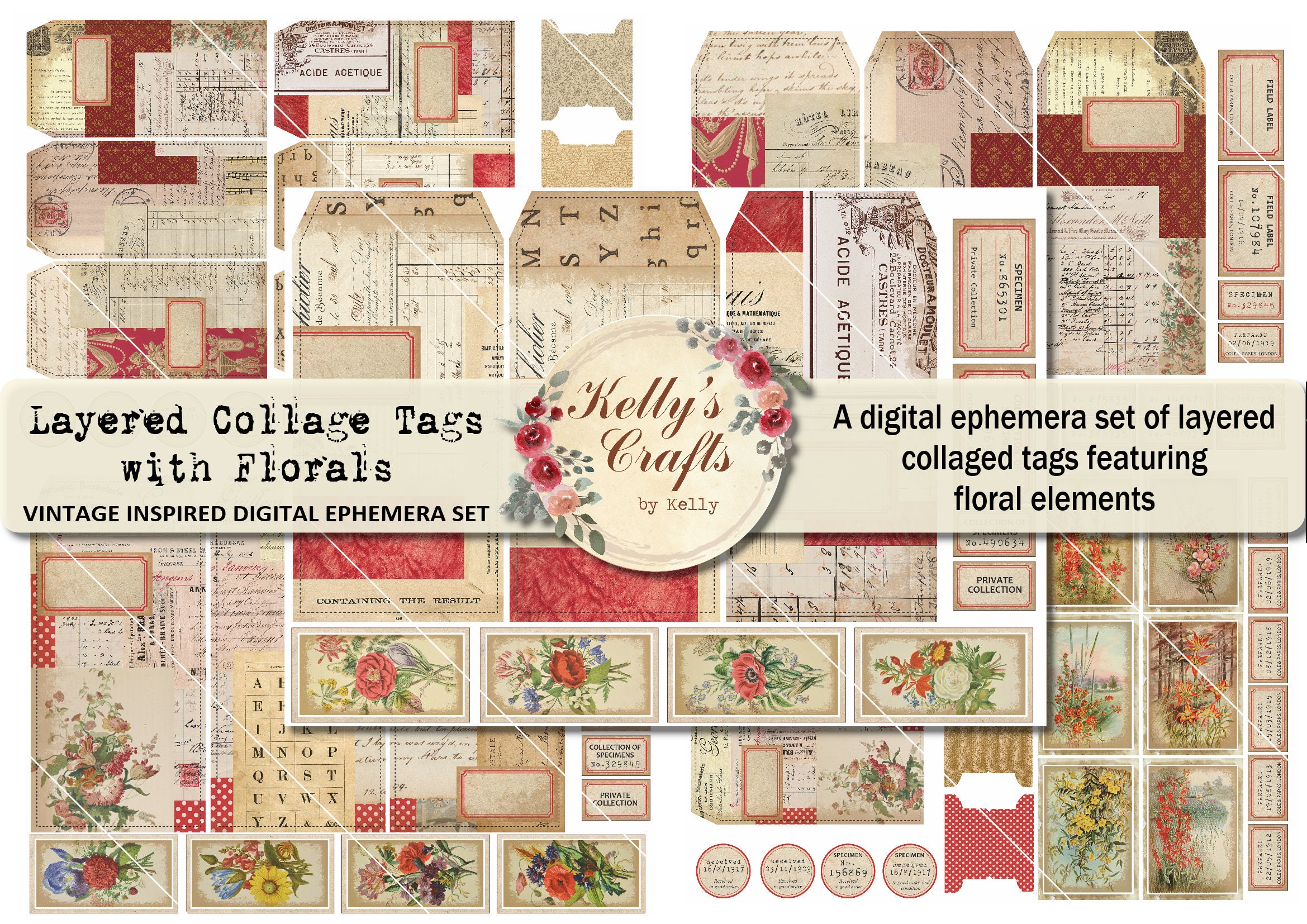 Collage Tags featuring Florals, a 5 page collage set to create a variety of layered tags for your vintage floral and botanical journals