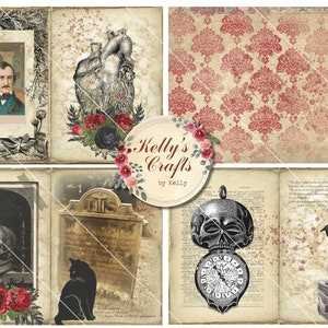 May include: A digital collage sheet with a vintage aesthetic featuring images of a skull, a heart, a tombstone, a raven, a clock, and a man's portrait. The images are set against a background of old paper, lace, and floral patterns. The text "Kelly's Crafts by Kelly" is visible in the center of the sheet.