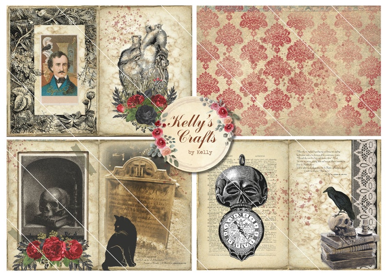 May include: A digital collage sheet with a vintage aesthetic featuring images of a skull, a heart, a tombstone, a raven, a clock, and a man's portrait. The images are set against a background of old paper, lace, and floral patterns. The text "Kelly's Crafts by Kelly" is visible in the center of the sheet.