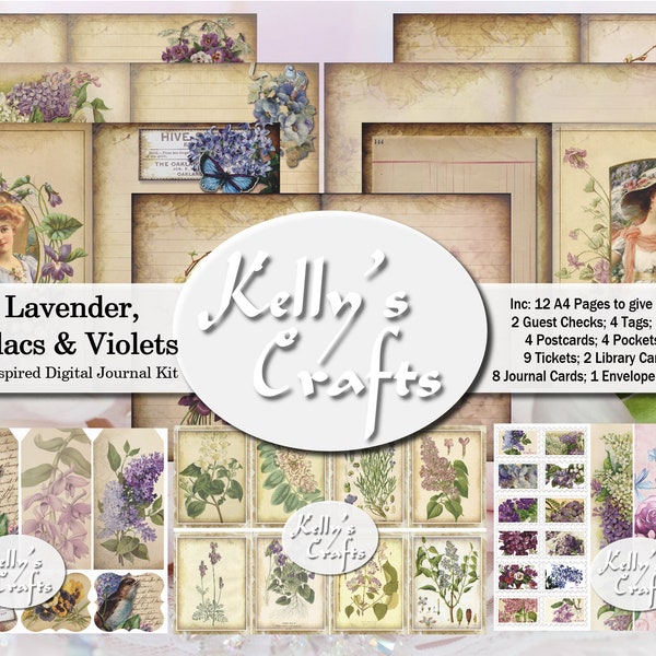 vintage Journal Kit, 'Lavender, Lilacs & Violets' a Spring Digital Kit complet avec éphémères