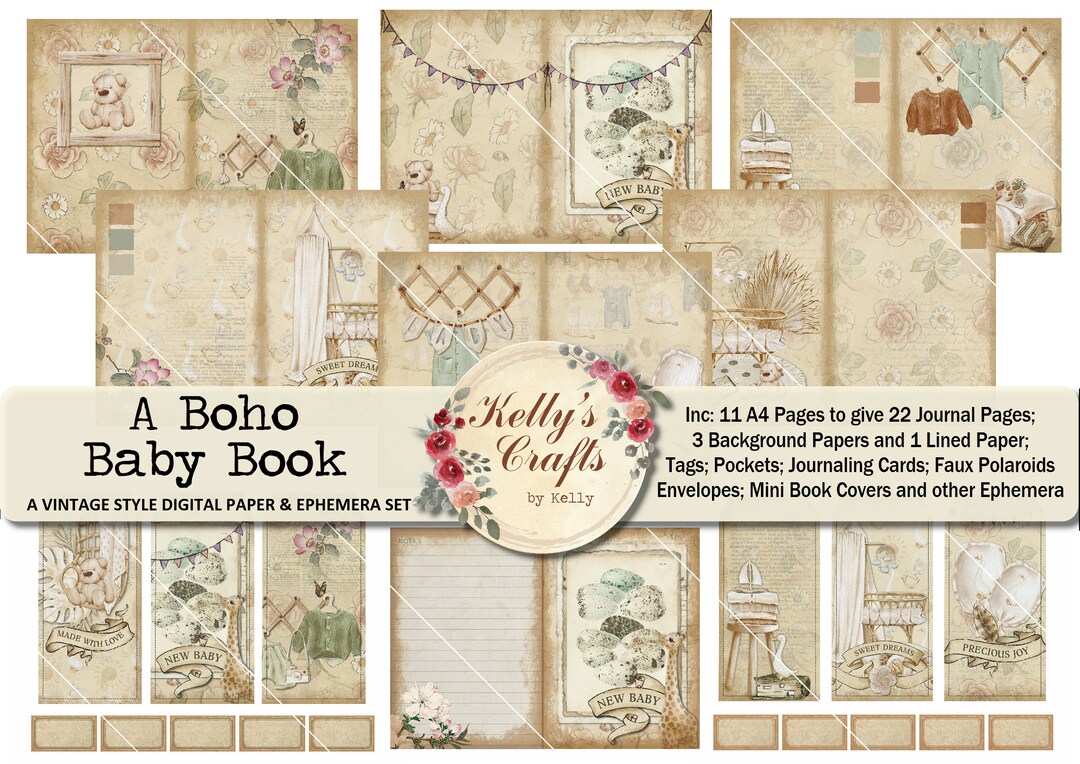Vintage Printable Journal Kit, A Boho Baby Book, Vintage Baby Journal ...