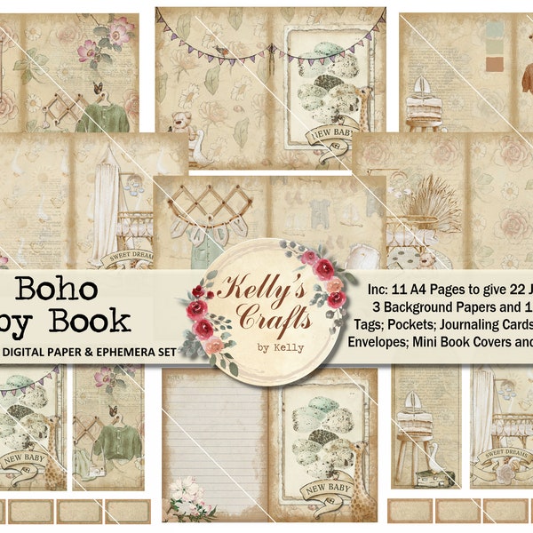 Vintage Printable Journal Kit, A Boho Baby Book, Vintage Baby Journal Kit, Baby Journal Printables, Baby Journal Digitals, Junk Journal Kit