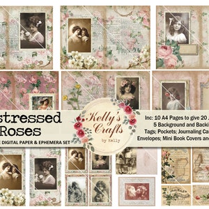 Vintage Journal Kit, Distressed Roses, ein digitales Kit mit beunruhigten Hintergründen, überlagert mit Vintage-Papieren, Postkarten und anderen Ephemera