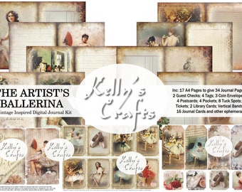 May include: A digital journal kit titled "The Artist's Ballerina" with a vintage aesthetic. The kit includes 17 A4 pages, 2 guest checks, 4 tags, 3 coin envelopes, 4 postcards, 4 pockets, 8 tuck spots, tickets, 2 library cards, vertical bands, 16 journal cards, and other ephemera.