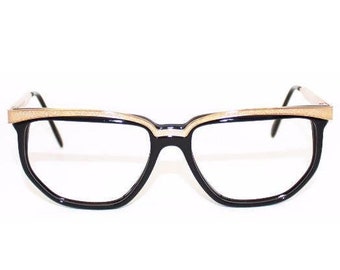 Retro eyeglasses with gold bar VUARNET 092 Black and Gold, Vintage 1990's optical frame Handmade in France, brand new!
