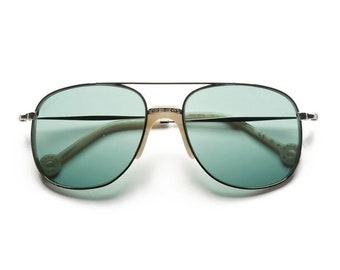 Grandes Lunettes de soleil pilotes aviateur argent et ivoire marbré style Vintage années 70 Hally & Son - verres verts clairs gravés - neufs