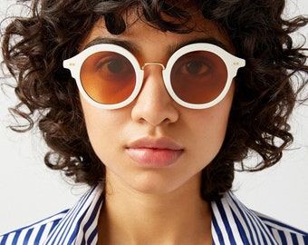 Thick round sunglasses white and golden gold Vintage Retro Style 70s 1970's - orange lenses - Kaleos Miller - new