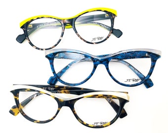 Créateur français JF REY, JF1364, Monture optique / Lunettes de vue pour femme, Cat eyes rétro, Acétate, Marbré bleu, Fabriqué en France