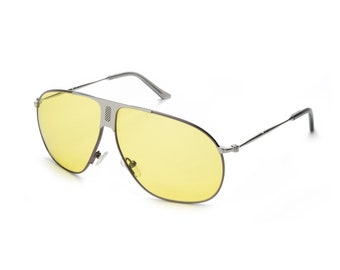 Vintage 70s 1970s Opposit Italy Large Pilot Aviator Sunglasses in Silver Metal and Yellow Lenses - Night Driving