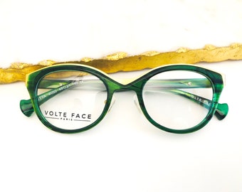 Créateur français JF REY, Ligne Volte Face, Gotta, Lunettes de vue vintage pour Femme, Rétro, Vert marbré et or, Fabriqué en France, 48 mm