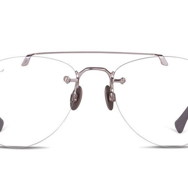 Pierced aviator eyeglasses in rhodium and titanium steel Designer Willems Germany - Silver pilot optical frame made in Germany