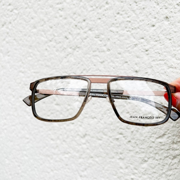 Créateur français JF REY JF2648, Grande Monture optique rectangulaire / Lunettes de vue larges pour Homme Marron et vert Hand Made in France