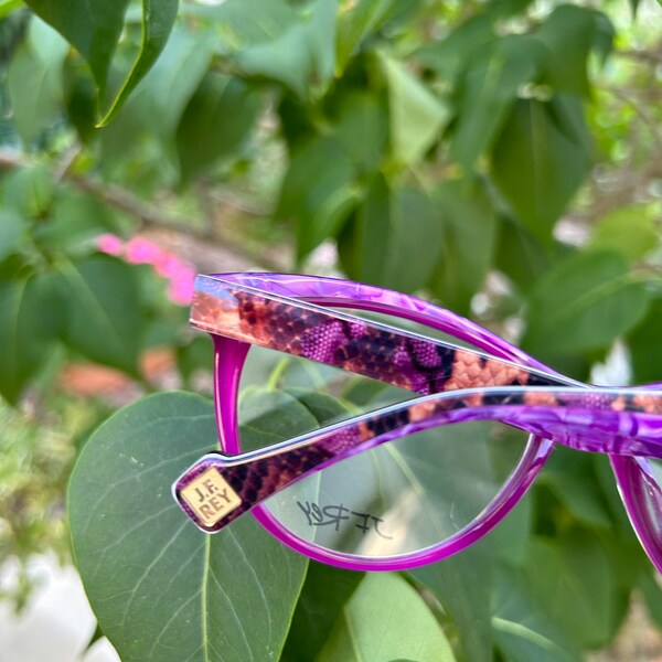 Créateur français JF REY JF1318 Lunettes de vue Cat Eye Vintage violet marbré et imprimé serpent marron, fabriqué à la main en France, neuf