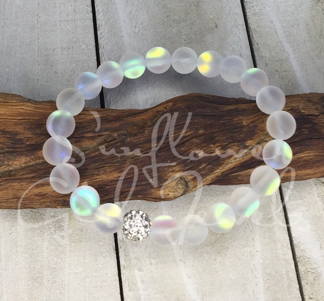 Mermaid Glass Bracelet, with Frosted White 8 mm Mystic Aura Quartz Be…