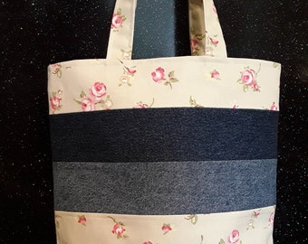 Flowers print with denim handmade cotton bag by samylovesbags