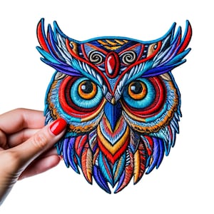 Könnte beinhalten: Ein farbenfroher gestickter Eulen-Patch mit filigranen Details in Blautönen, Rot, Gelb und Orange. Die Augen der Eule sind groß und blau mit orangefarbenen Pupillen. Der Patch ist perfekt, um Kleidung, Taschen oder anderen Accessoires eine einzigartige Note zu verleihen.