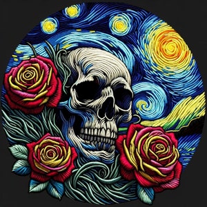 Starry Night Skull Embroidered Patch - Gothic Van Gogh Inspired