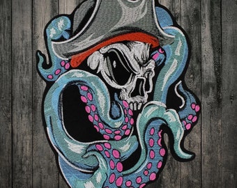 Skull with octopus back patch for bikers, motoclub jacket, Large patch