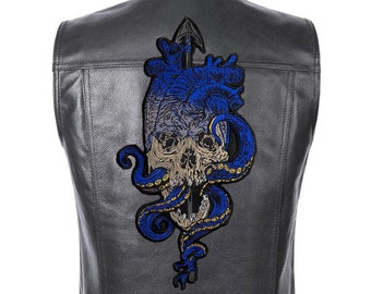 Skull octopus with heart head patch for bikers, motoclub jacket, Large patch, Back patch