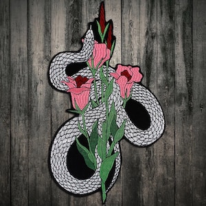 Può includere: Un serpente bianco con squame nere è avvolto attorno a un bouquet di fiori rosa con steli e foglie verdi. I fiori hanno un centro rosa e sono in fiore.