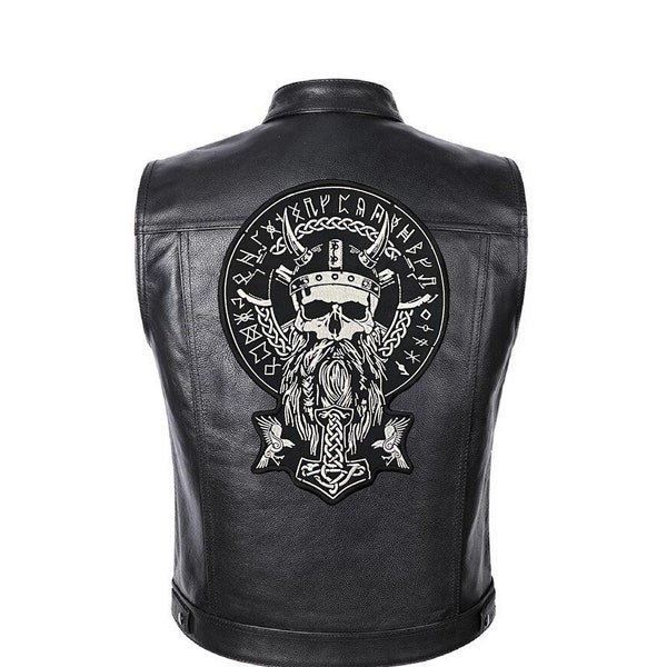 Wikinger Thor Hammer und Totenkopf Aufnäher für Biker, Motoclub-Jacke, großer Aufnäher, Rückenaufnäher